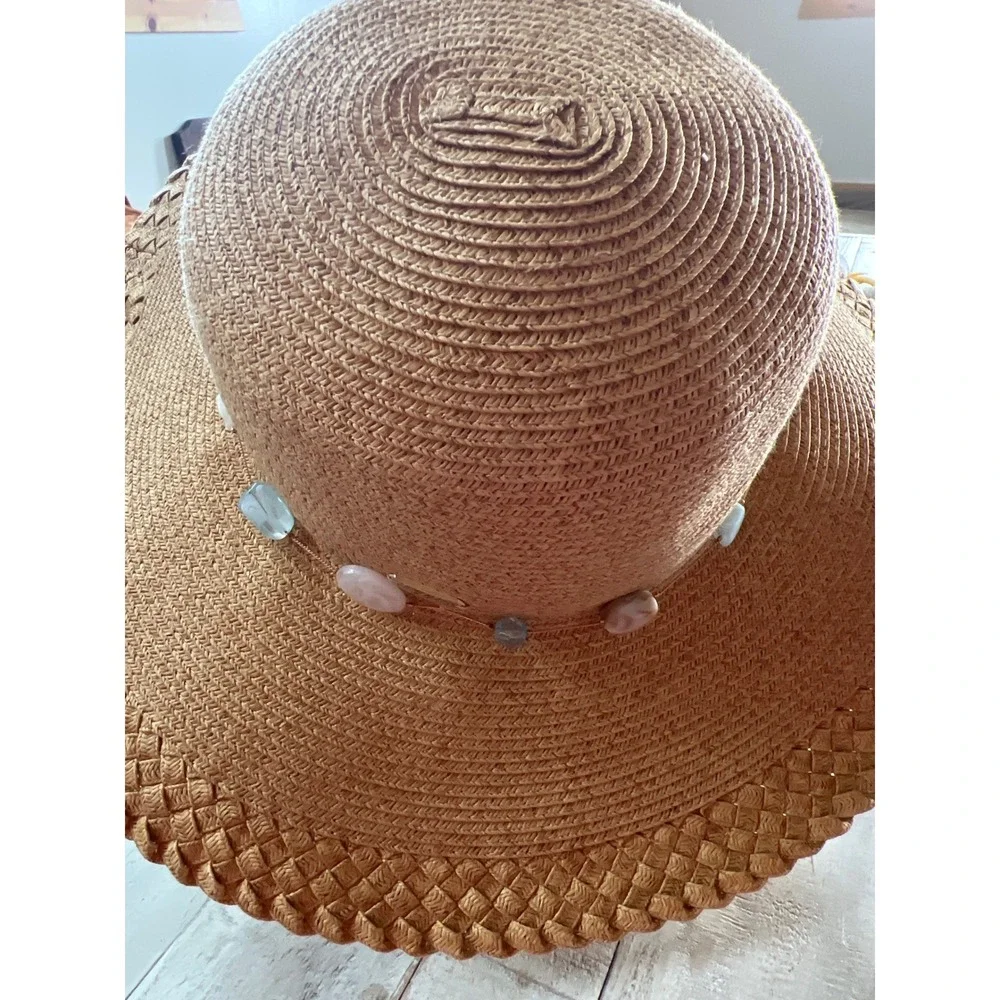 Sun N Sand Tan Straw Sun Hat Wide Brim UPF 50+ Beaded Stone Band Beach Hat Boho